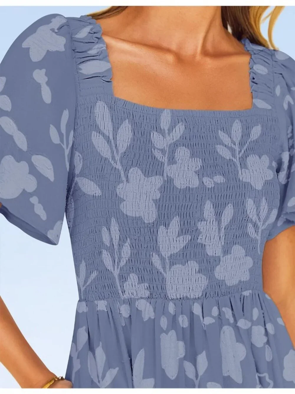 Women‘s Summer Floral Midi Dress Dusty Blue Short Sleeve Square Neck Flowy Beach